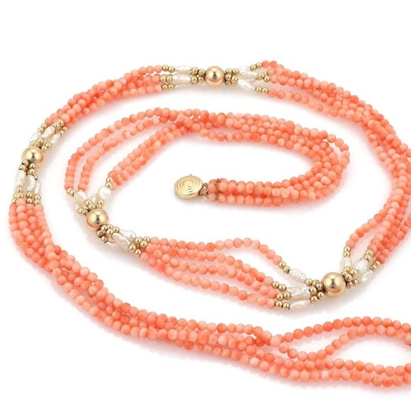 Estate 14k Gold Rice Pearls Coral Beaded Necklace - Picture 2 of 3